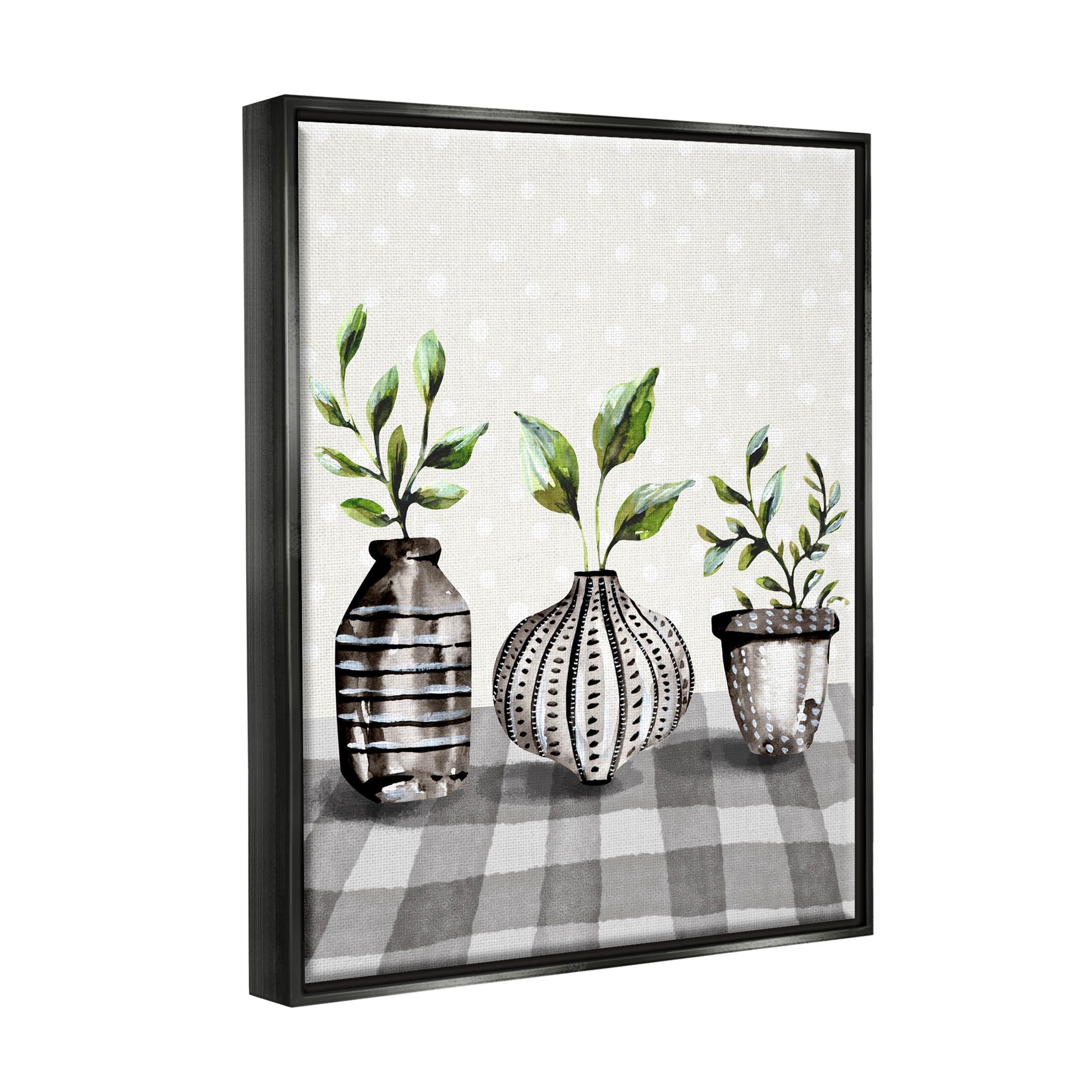 Potted Herbs Patterned Tartan Botanical & Floral Graphic Art Jet Black Framed Art Print Wall Art