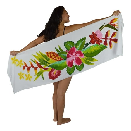 Island Style Women's Pareo Sarong Half Cover-up- Hawaiian Floral Print, White