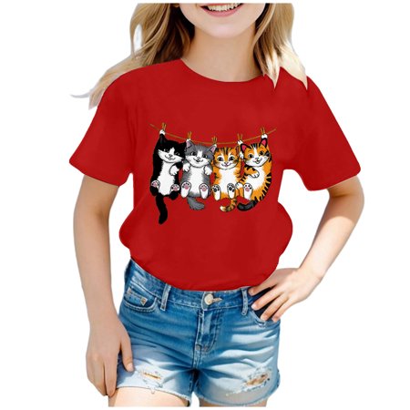 SonxaHe Little Girl T Shirts Short Sleeve Cartoon Graphic Tee Child Stylish Comfortable Durable Athletic Tshirts Red Szie 6-8 Y