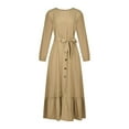 thumbnail image 4 of Njoeus Women's Long Sleeve Maxi Dress Crewneck Loose Plain Casual Tie Waist Flowy Ruffle Fall Long Dresses with Buttons, 4 of 8