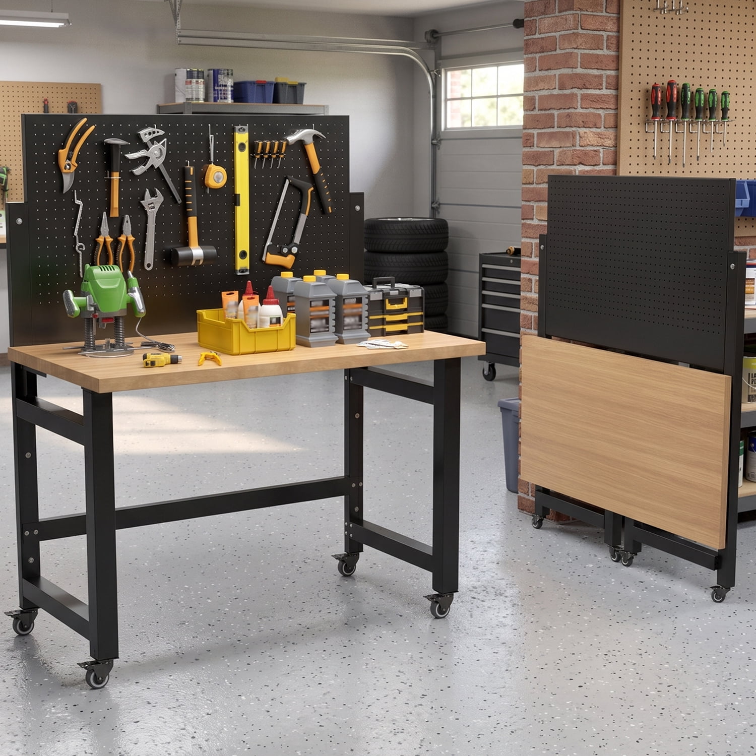 Mobile Work Bench with Pegboard, Heavy Duty Folding Work Table with Wheels, Space Saving Wood Top Tool Storage Rolling Desk for Garage, Workshop, Home Studio 59"H x 47.2"W x 23.6"D