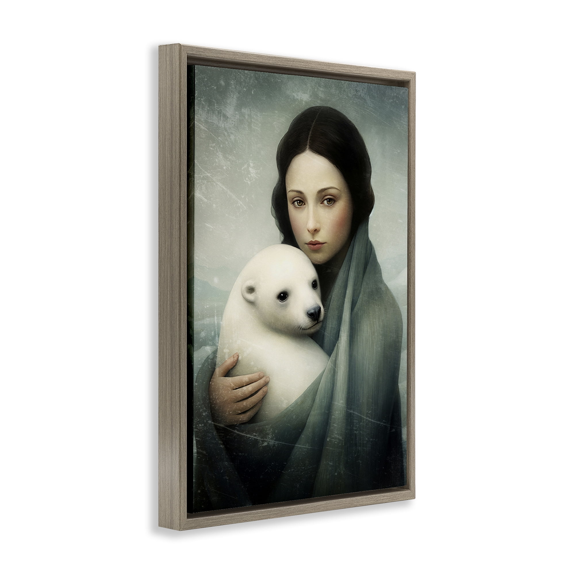 Stupell Industries Girl & Baby Polar Bear People Painting Brown Floater Framed Canvas Art Print Wall Art, 21 x 31