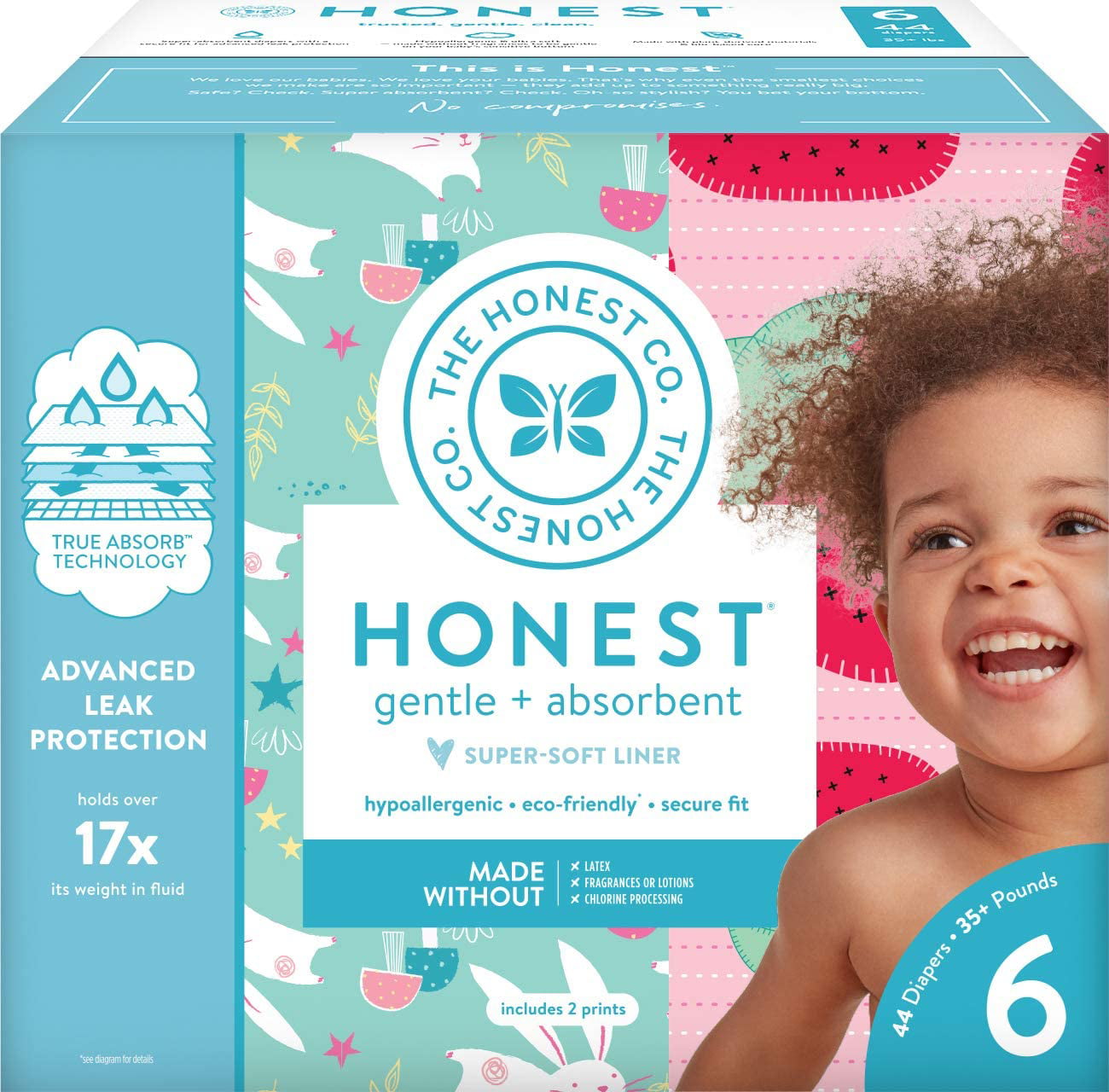 The Honest Company Club Box Diapers with TrueAbsorb Technology 44 Count Size 6 Strawberries & Bunnies 