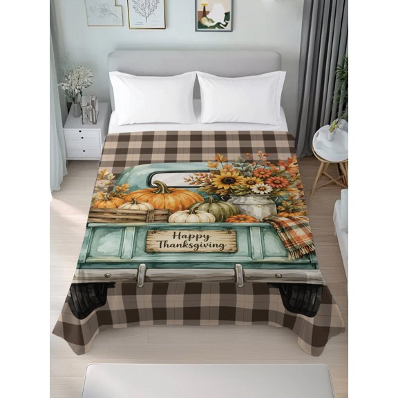 Twin Flat Sheet Only Happy Thanksgiving Blue Truck Soft Microfiber Cooling Bedding Sheets Black Plaid Background Flat Bed Sheet for Hotel,Home Decor