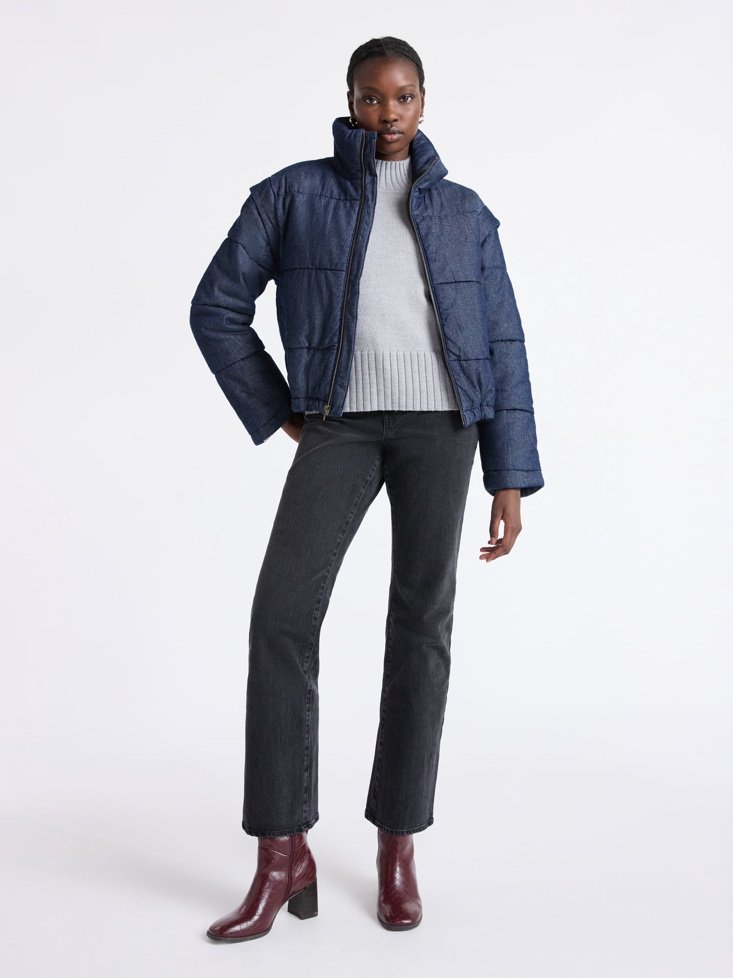 Free Assembly Women's and Women's Plus Short Denim Puffer Jacket, Sizes XS-4X