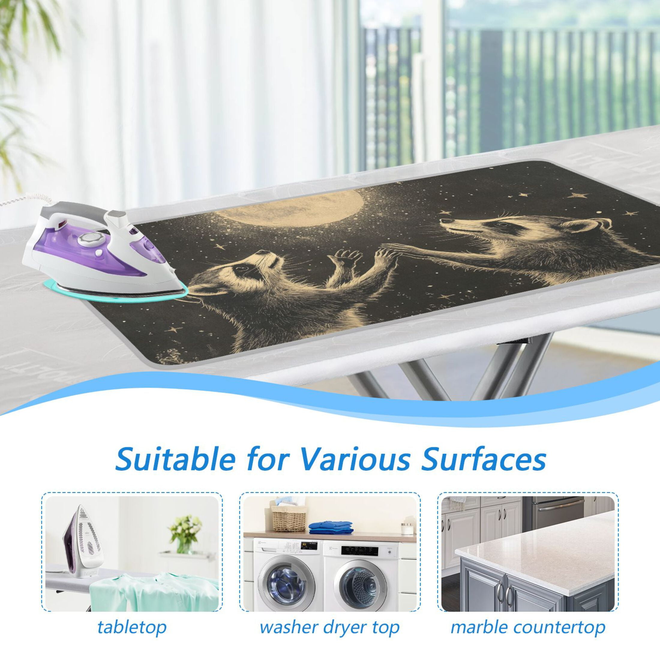 Raccoons Moon Stars Ironing Board Covers Heat Resistant Ironing Pad Mat Portable for Travel Washer Dryer Table
