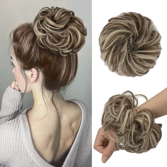 FESHFEN Messy Hair Bun Hair Pieces Wavy Curly Large Hair Bun Scrunchies Extensions Synthetic Tousled Updo Hairpieces for Women Girls, 1.94oz