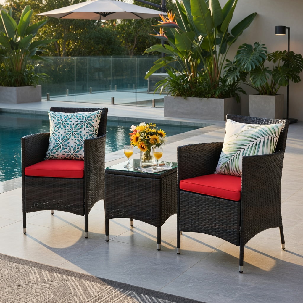 Hommoo 3-Piece Outdoor Wicker Patio Furniture Set with Cushioned Chairs & Tempered Glass Coffee Table, Red