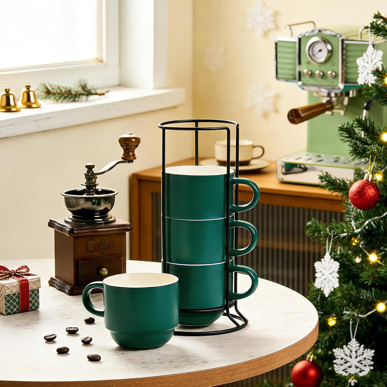 Stackable Coffee Mugs, Coffee Mug Set of 4 with Rack and Spoons, 11 oz Tea Cup Set for Espresso Drinks Cappuccino Latte, Coffee Cup Christmas Gift, Dark Green