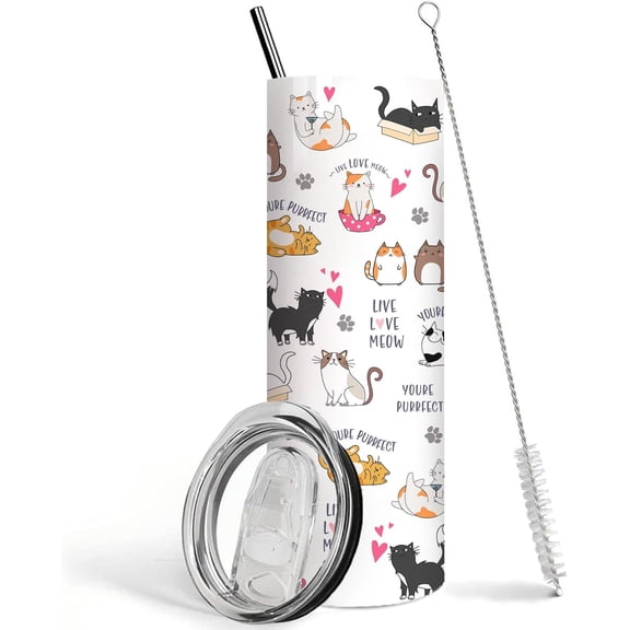 Cat Tumbler with Lid and Straw Cat Lover Coffee Cup Mugs, Cat Lovers Gifts for Women Mom,20oz Cat Skinny Insulated Stainless Steel Travel Tumbler With Lid