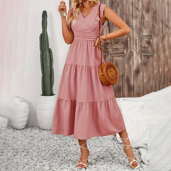 Ruffles Are Slim Solid Color Jacquard Long Sleeveless Dress Spring Summer Women's Dress Cake Dress Womens Short Dresses Shopping Women Dresses Dress Casual Short Petite Summer Dresses for Women Petite