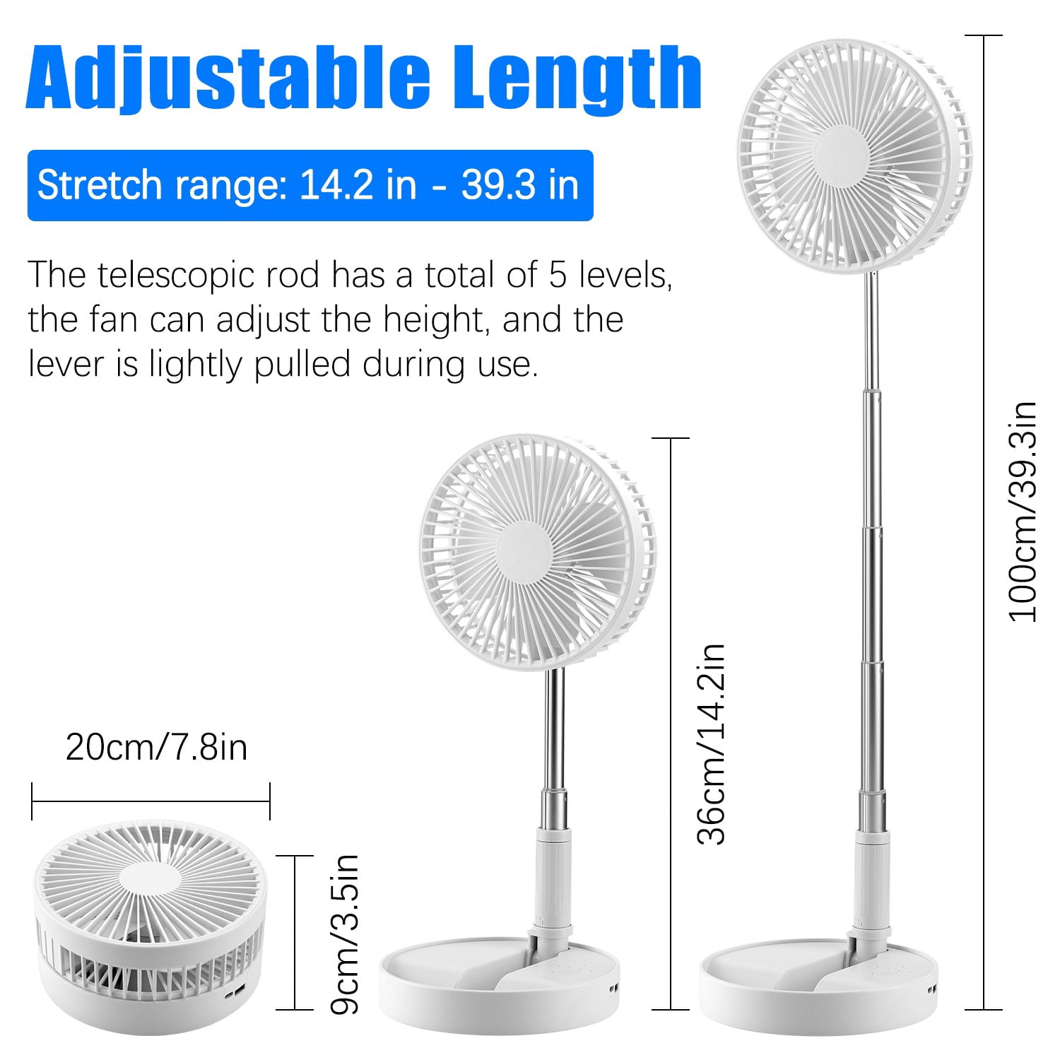 Cikuci Portable Floor Table Desk Fan with Adjustable Height, USB Rechargeable  4 Speed Pedestal Fan for Bedroom Office Camping Travel