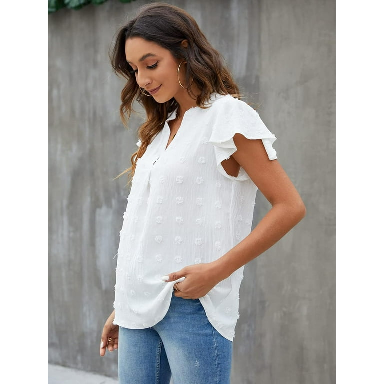 Womens White Blouse V Neck Ruffle Sleeve Flowy Shirts Dressy Casual Cute Summer Tops Walmart
