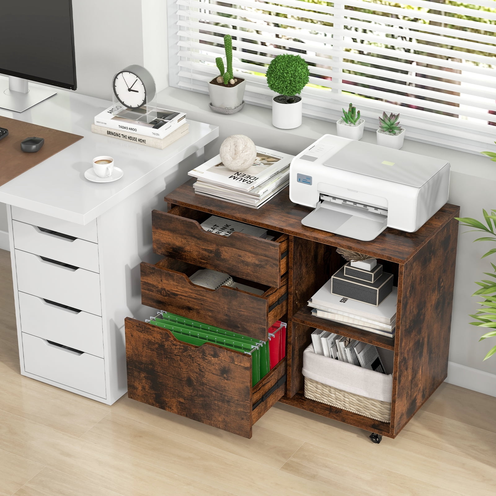 Giantex Rolling File Cabinet, Lateral Filing Cabinet w/Open Storage Shelves, Under Desk Storage Organizer, Mobile Printer Stand, Brown