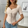 thumbnail image 2 of JGGSPWM Women's Sweetheart Neck Drawstring Ruched Short Sleeve Asymmetrical Hem Knit Tunic Slim Fit Curve Crop Tops Pullover Shirts Beige XL, 2 of 7