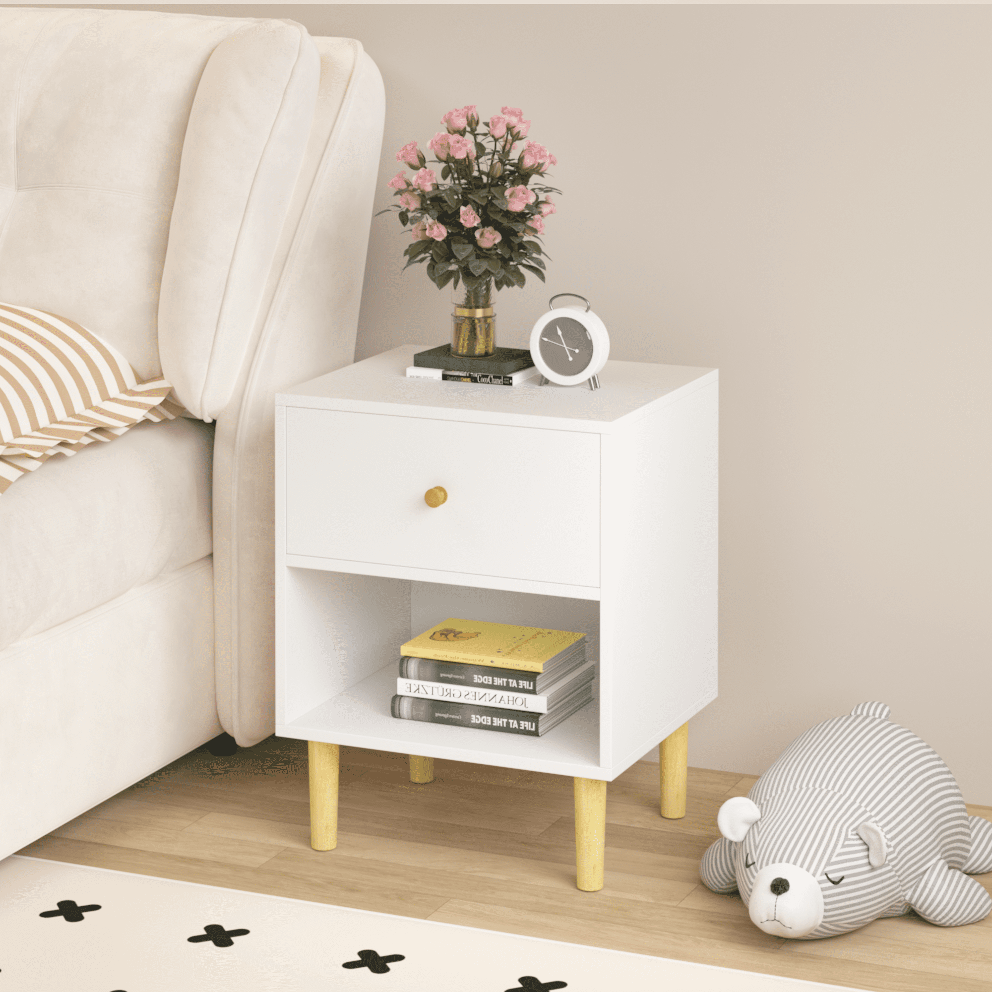 Yoneston Wooden Nightstand with Drawer Bedside Table for Bedroom, Dorm and Small Spaces, White