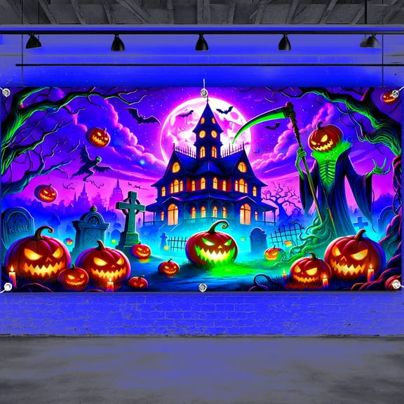 Glow-in-the-Dark Halloween Door Decoration - Haunted House Scene with Bats/Tombstones - No Power Needed - Indoor/Outdoor (UV Active)
