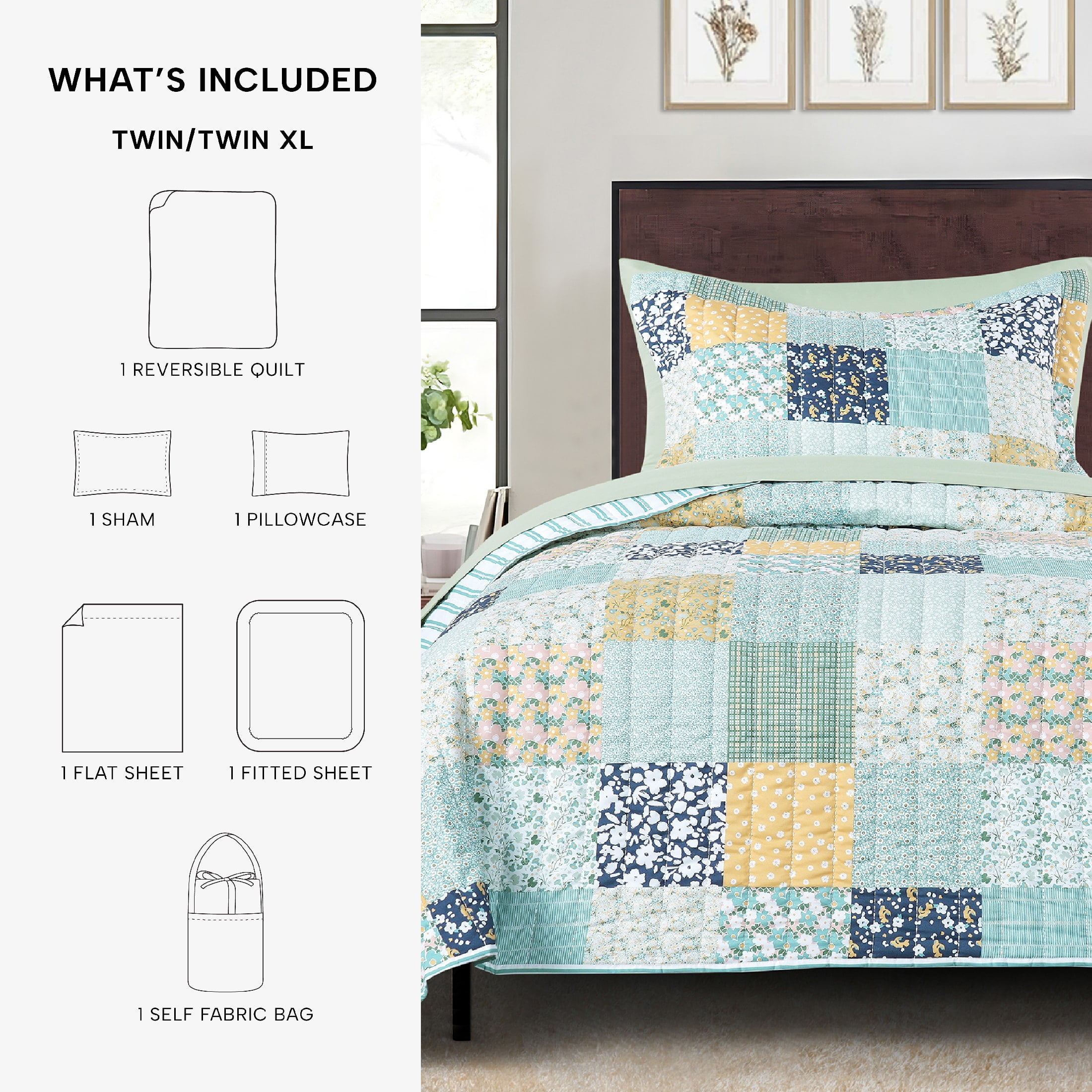 Mainstays All in One Lightweight Quilt Set and Sheet Set -5 Piece, Twin/Twin-XL, Patchwork