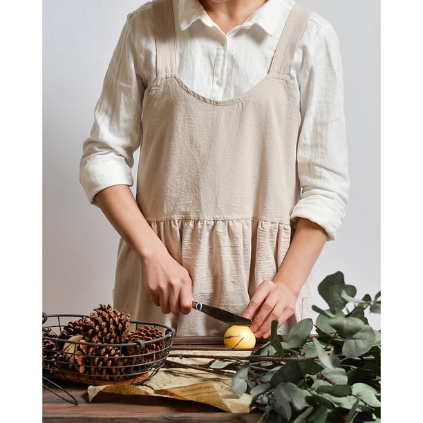 Delantal de cocina para mujer con 2 bolsillos delanteros delantal de lino y algodón cafeterías floristerías delantales de limpieza de trabajo Jadeshay A