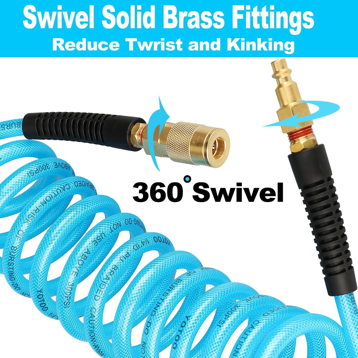 MKEUDQ-Reinforced Polyurethane Recoil Air Hose 1/4" Inner Diameter by 10' Long, Heavy Duty, Flexible Air Compressor Hose with Bend Restrictor, 1/4" Swivel Industrial Quick Coupler and Plug, Blue