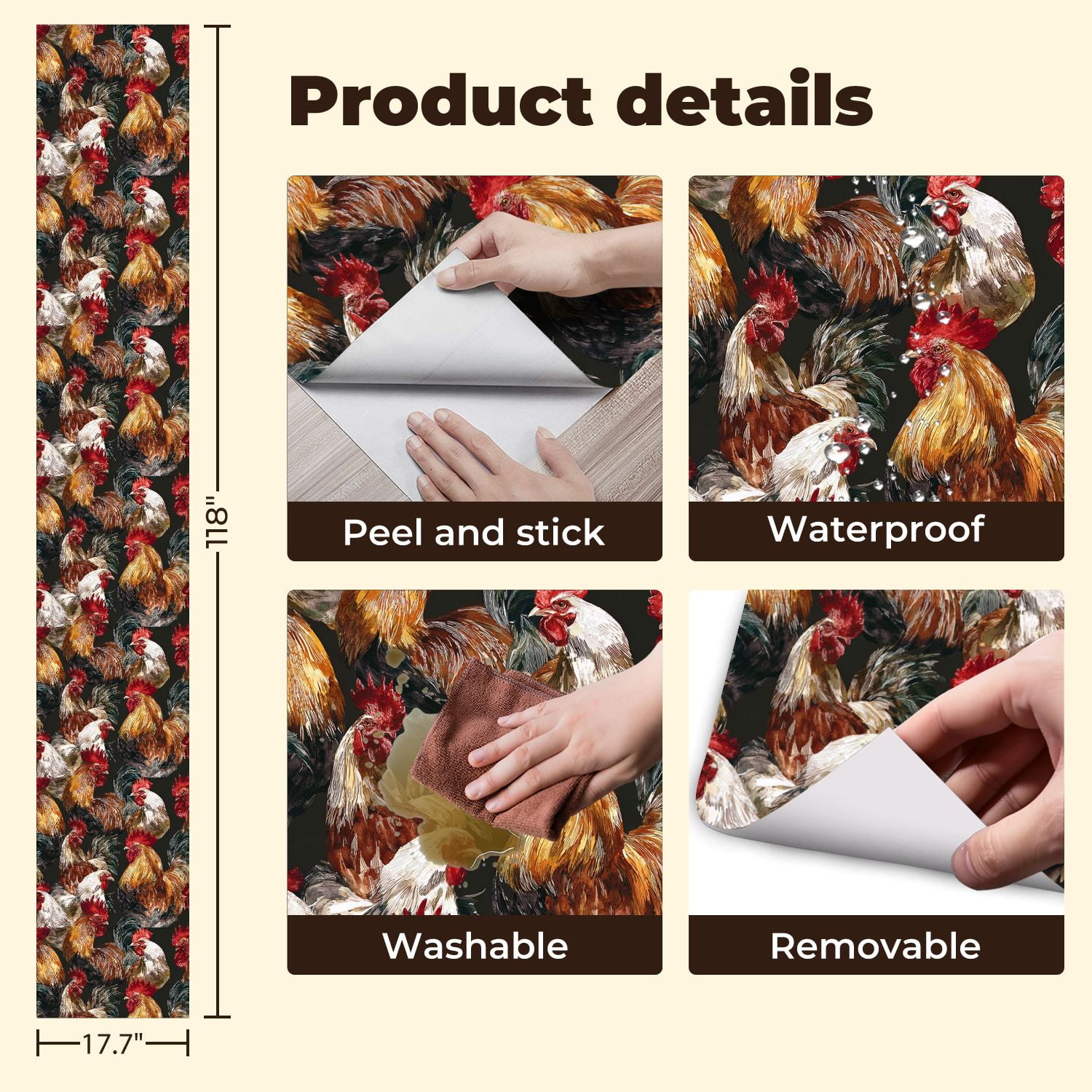 Farmhouse Peel and Stick Wallpaper Colorful Rooster Rustic Farmhouse Style Dark Wall Mural 17.7in x 9.8ft Self Adhesive Removable Wall Paper Renter Friendly Wallpaper for Nursery Bedroom Cabinets