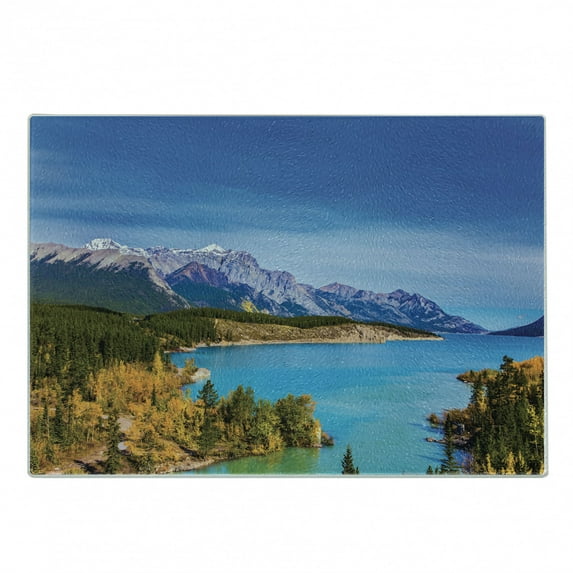 Landscape Cutting Board, Rocky Mountains Canada Crystal Clear Abraham Lake Picturesque Nature Views Scene, Decorative Tempered Glass Cutting and Serving Board, in 3 Sizes, by Ambesonne