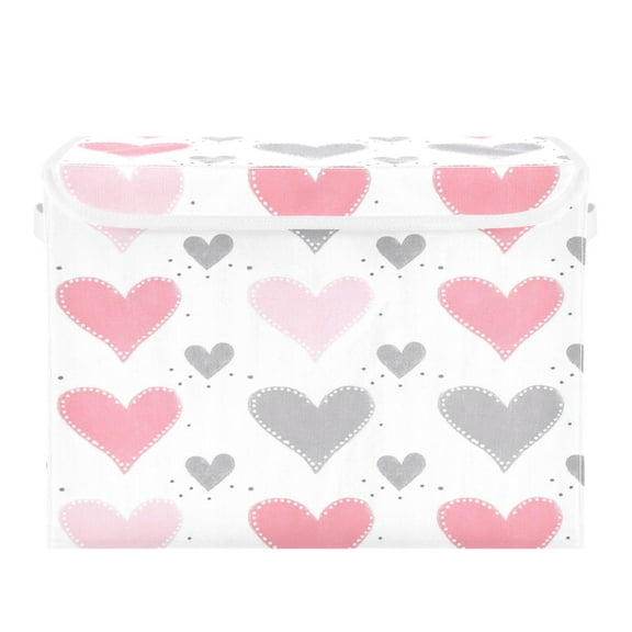 16.5x12.6x11.8in Foldable Flip-Top Storage Bin, Dustproof Magic Tape Closure, Ideal for Home & Toy Organization,Pink and Gray Hearts