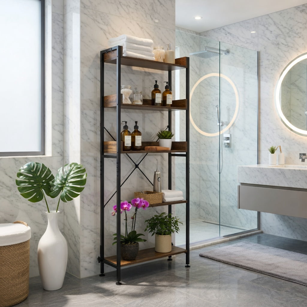 Hommoo Over-the-Toilet Storage Rack with Adjustable Bottom Bar, 3-Tier Metal and Engineered Wood Bathroom Organizer with Hooks and Anti-Tip Safety Features, Rustic Brown