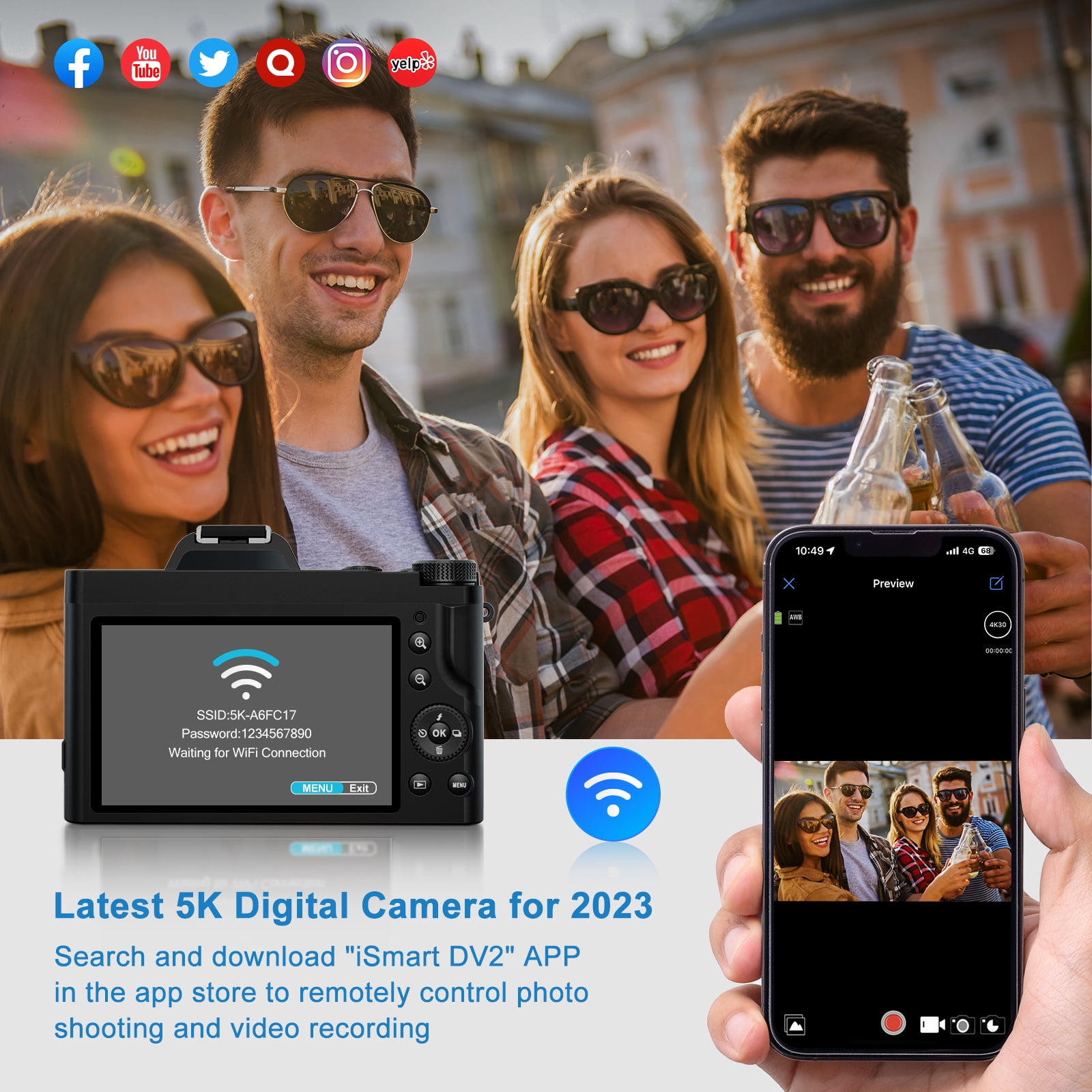 5K Digital Camera WiFi  Autofocus Vlogging Camera 48MP Compact Video Camera for Youtube with 32G SD Card UV Filter