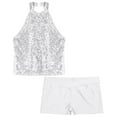 thumbnail image 5 of YONGHS Kids Girls Sequins Dance Outfits Sleeveless Halter Crop Tops with Gym Dance Shorts Set White 16, 5 of 7