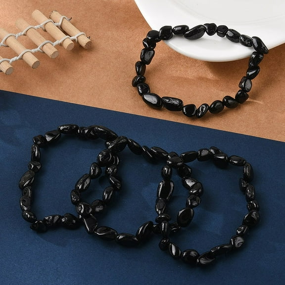 Natural Black Tourmaline Bead Stretch Bracelets Tumbled Stone Nuggets 2~2-1/4 inch(5.2~5.6cm) Bead: 7~13x6~10mm