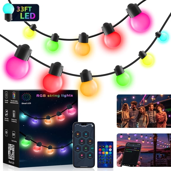 iHrat Outdoor String Lights, 33FT 50 LED Light Bulbs with APP Wireless Remote Control for Christmas, Smart RGB Outside Patio Hanging Fairy Lights for Balcony Bedroom Halloween Party, IP65 Waterproof