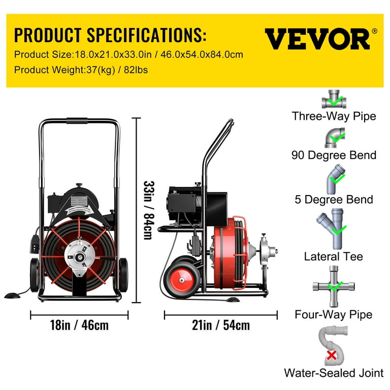 VEVOR Drain Cleaning Machine 100FT x 3/4 Inch, Sewer Snake Machine Auto  Feed, Drain Auger Cleaner with 4 Cutter & Air-Activated Foot Switch for 1  to