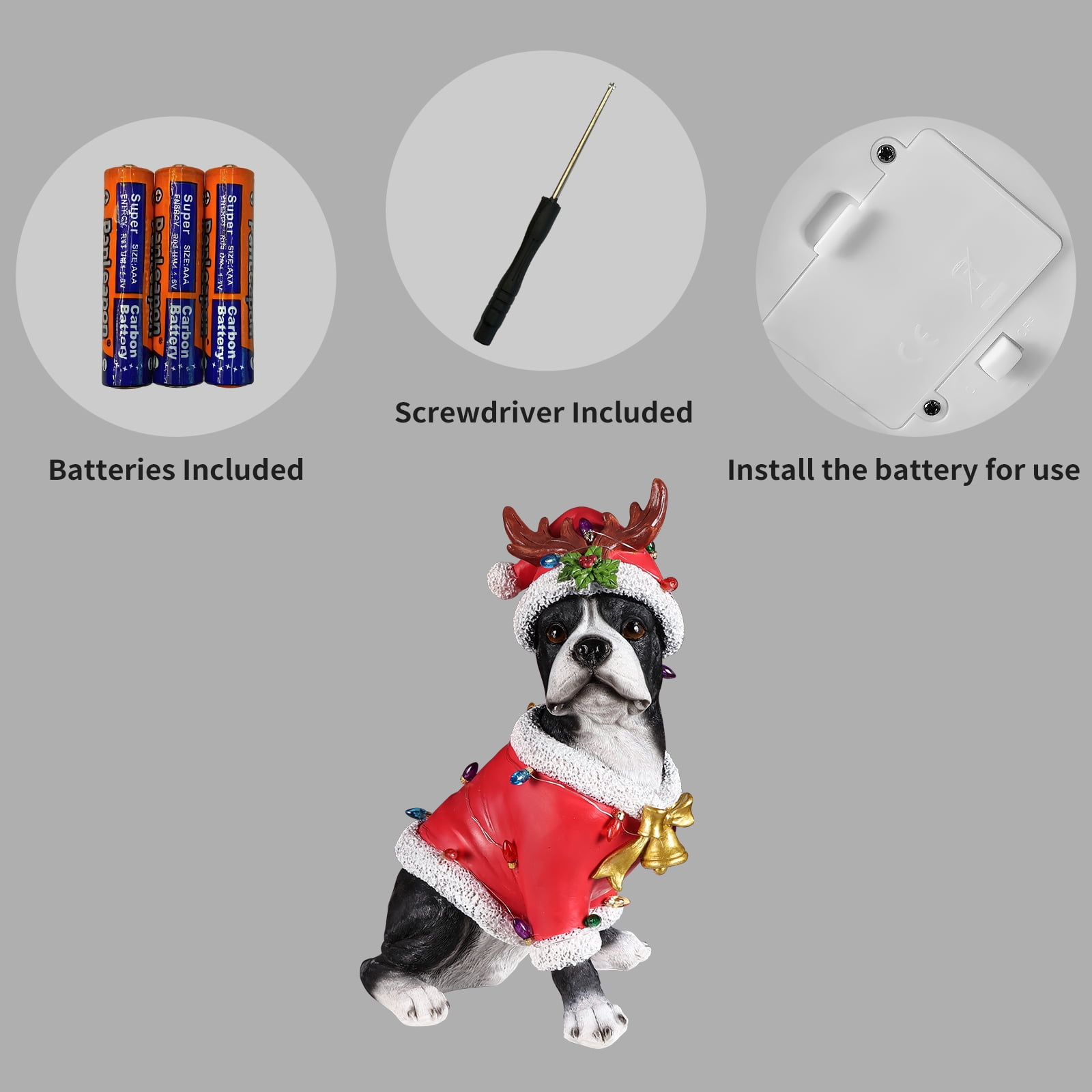 Boston Terrier Christmas Dog Statue with Santa Outfit Reindeer Antlers Holly Accents Tabletop Decor