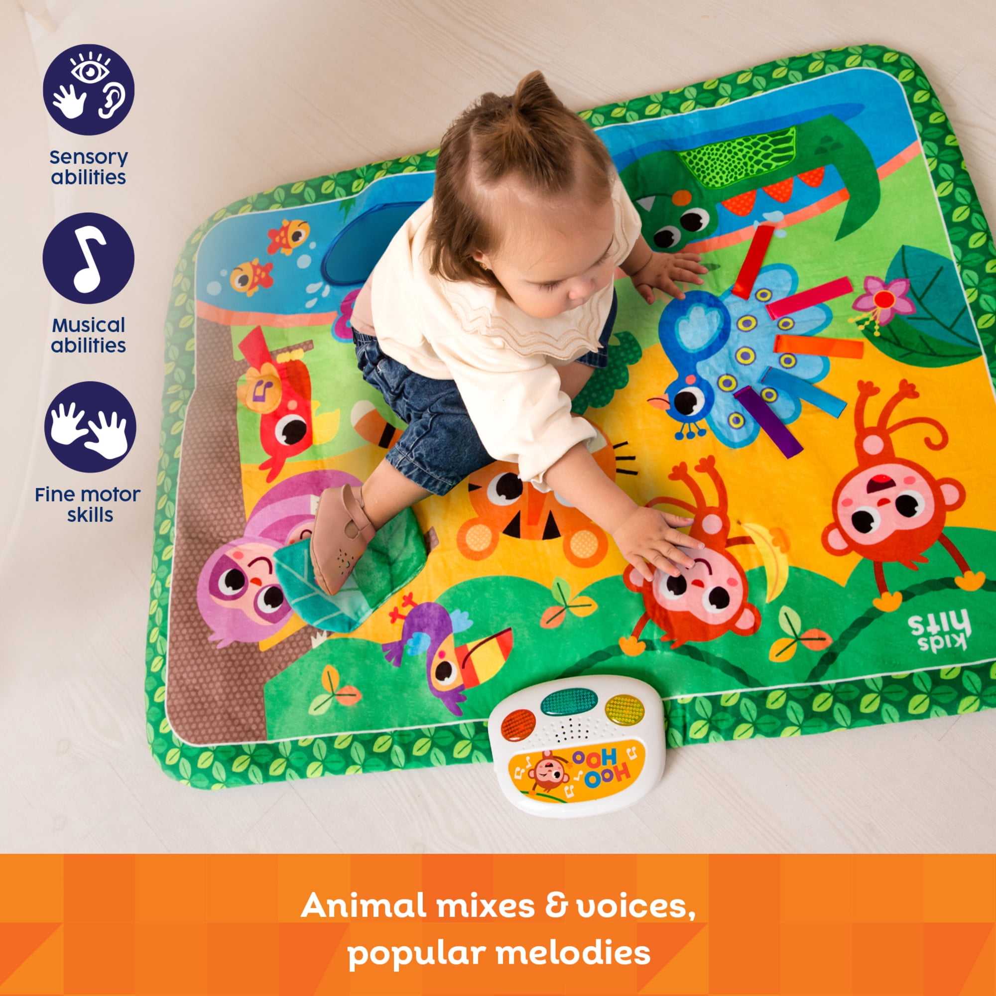 Kids Hits: Touch & Play Mat - Jungle Pals - 31.5 x 23.6" Sensory Floor Pad, Lights-Animal Sounds-Songs Module, Tactile Learning Toy, Baby-Toddler 6Mo+