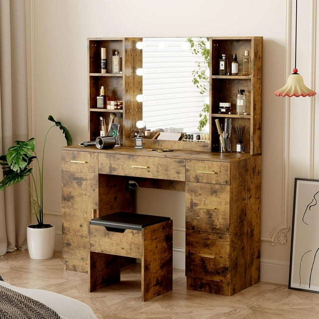 56in Makeup Vanity Desk with Stool&Mirror and LED Lights,Modern Dressing Table with Drawers & Adjustable Shelves, Makeup Table Set with Power Outlet,Vanity Desk and Stool Set for Bedroom 