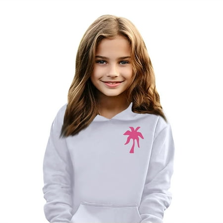 

Swohaoen Back to School Clothes for Teen Girls Pink Palm Puff Hoodie Long Sleeve Letter Print Cute Graphic Hoodie Drawstring Pullover Kids 10-12 Trendy Kids Clothes White 11-12Years