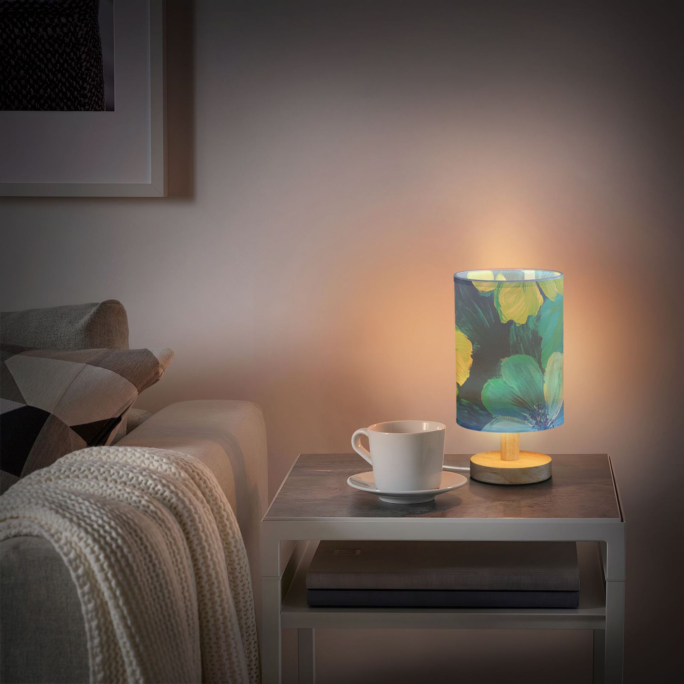 Blue and Green Flowers Oil Painting Table Lamp with USB Port LED Warm Light Lamp Night Light Home Decor