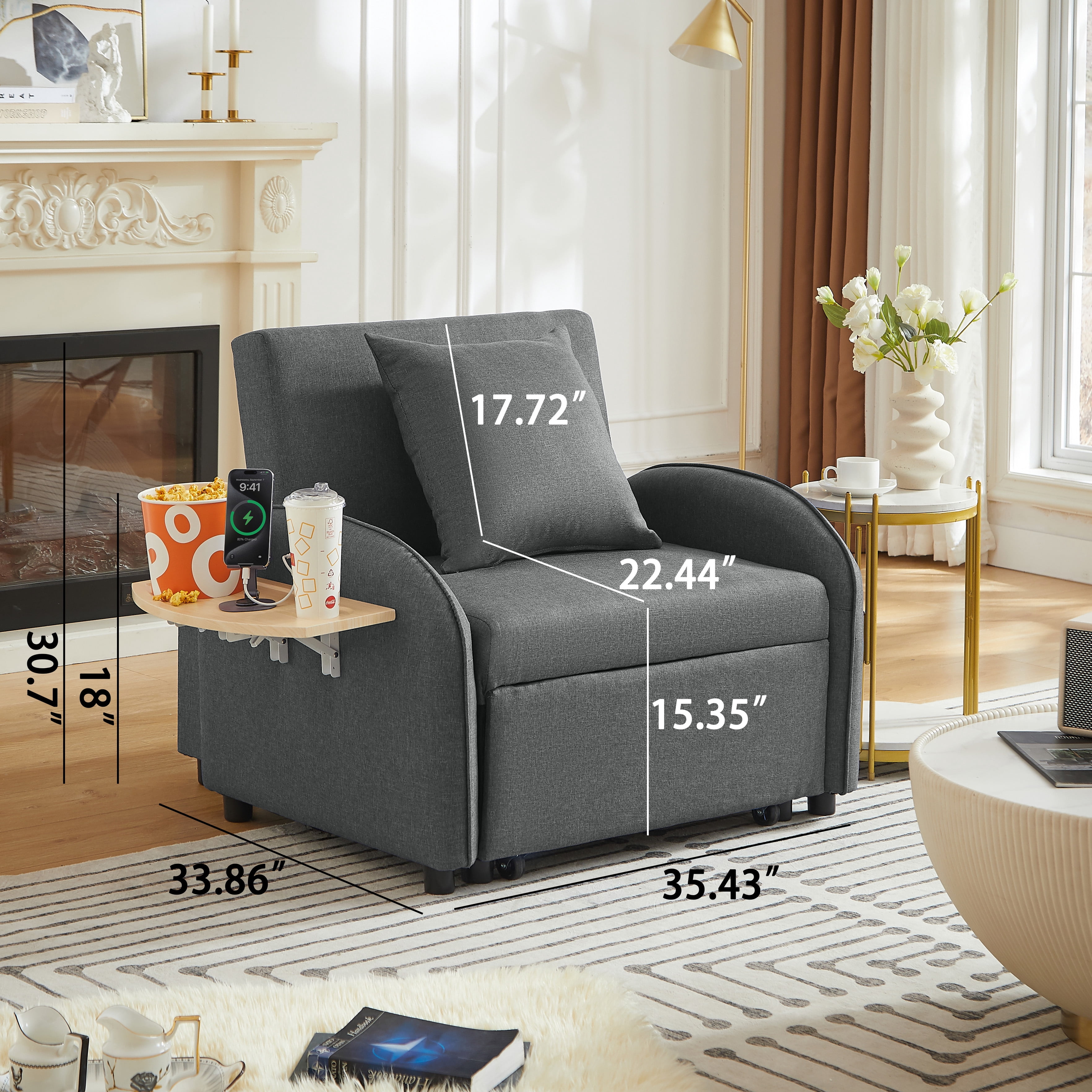 Leumius Convertible Sofa Chair Bed,3-in-1 Sleeper Sofa with Pull-Out Bed and USB Port,Foldable Table,Modern Linen Single Sofa Chair with Reclining Backrest for Living Room Small Space,Dark Gray