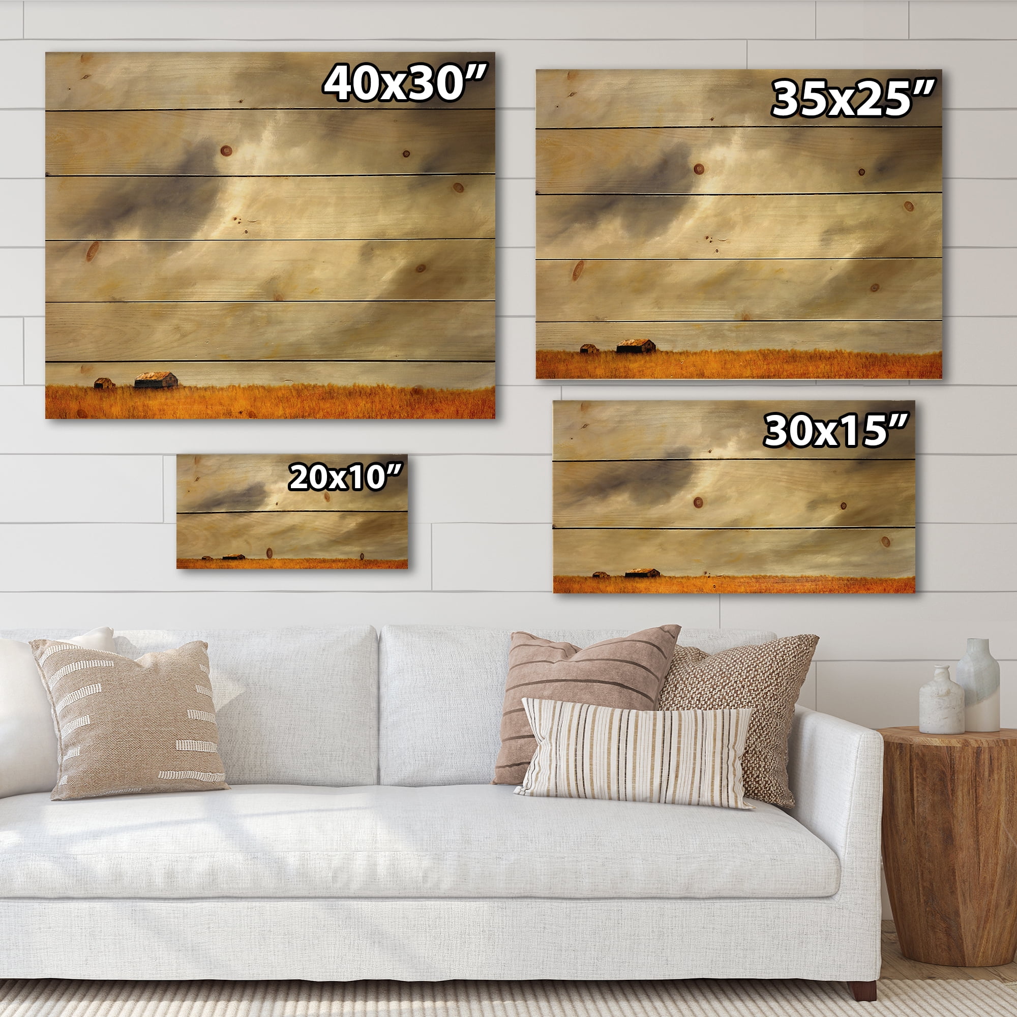 Designart 'Desert Farmhouse Under Cloudy Sky I' Farmhouse Print on Natural Pine Wood