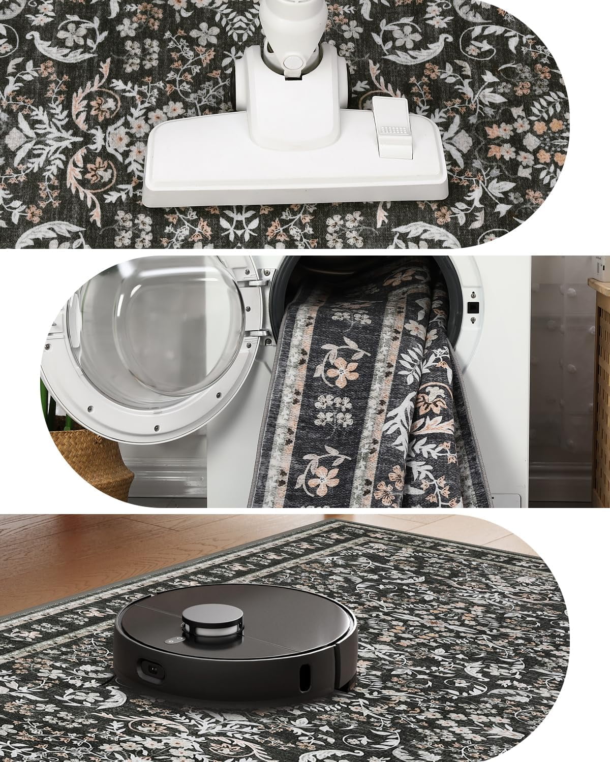 Memoryfield Washable Vintage Area Rug 8' x 10', Soft Low Pile Indoor Non Shedding Floor Covering, Foldable Floor Mat, Black
