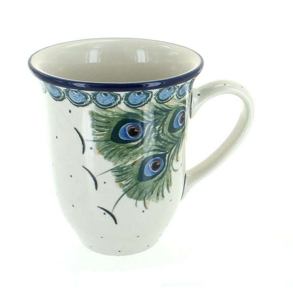 Blue Rose Polish Pottery Peacock Feather Large Coffee Mug