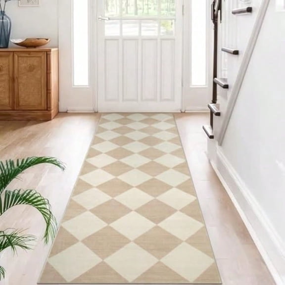 Beeiva Checkered Print Rug Runners for Hallways Non Slip 2.5x8 Ultra Thin Beige Kitchen Runner Rugs Non Skid Washable Classic Neutral Gingham Decor Faux Wool Carpet for Bathroom Bedroom Entryway