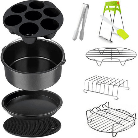10 Pcs Air Fryer Accessories Set with 8 in Nonstick Cake Barrell Pizza Pan Cupcake Pan Skewers Bread Bracket Silicone Mat for 4.5QT-5.2QT Air Fryer (8in)