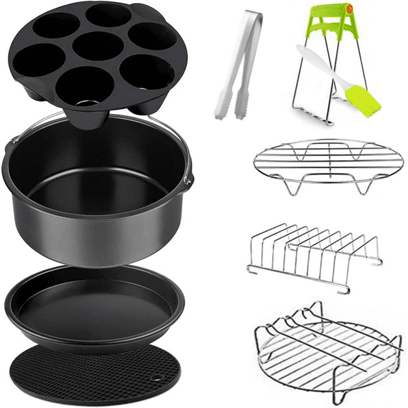 10 Pcs Air Fryer Accessories Set with 8 in Nonstick Cake Barrell Pizza Pan Cupcake Pan Skewers Bread Bracket Silicone Mat for 4.5QT-5.2QT Air Fryer (8in)