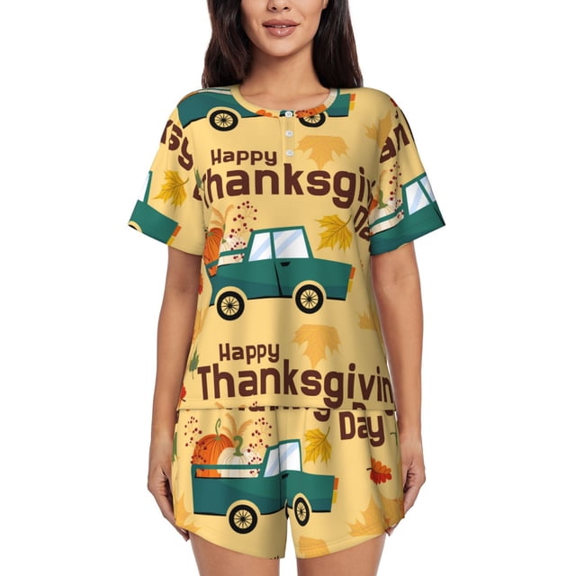 Fotbe Happy Thanksgiving Day Conjunto de Pijama Estampado para Mujer, 2 Piezas, Ropa de Dormir con Camiseta de Manga Corta y Shorts Suaves-X-Large
