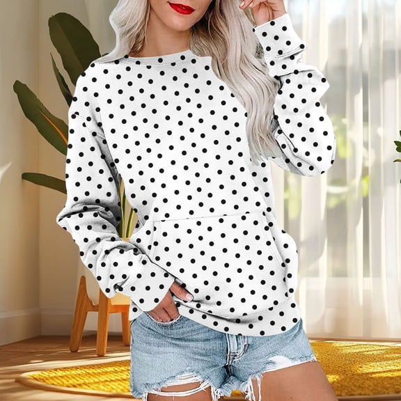 Asgosdo Women Fall Sweatshirts Long Sleeve Polka Dot Print Tops Cute Breathable Loose Fit Shirts with Pocket
