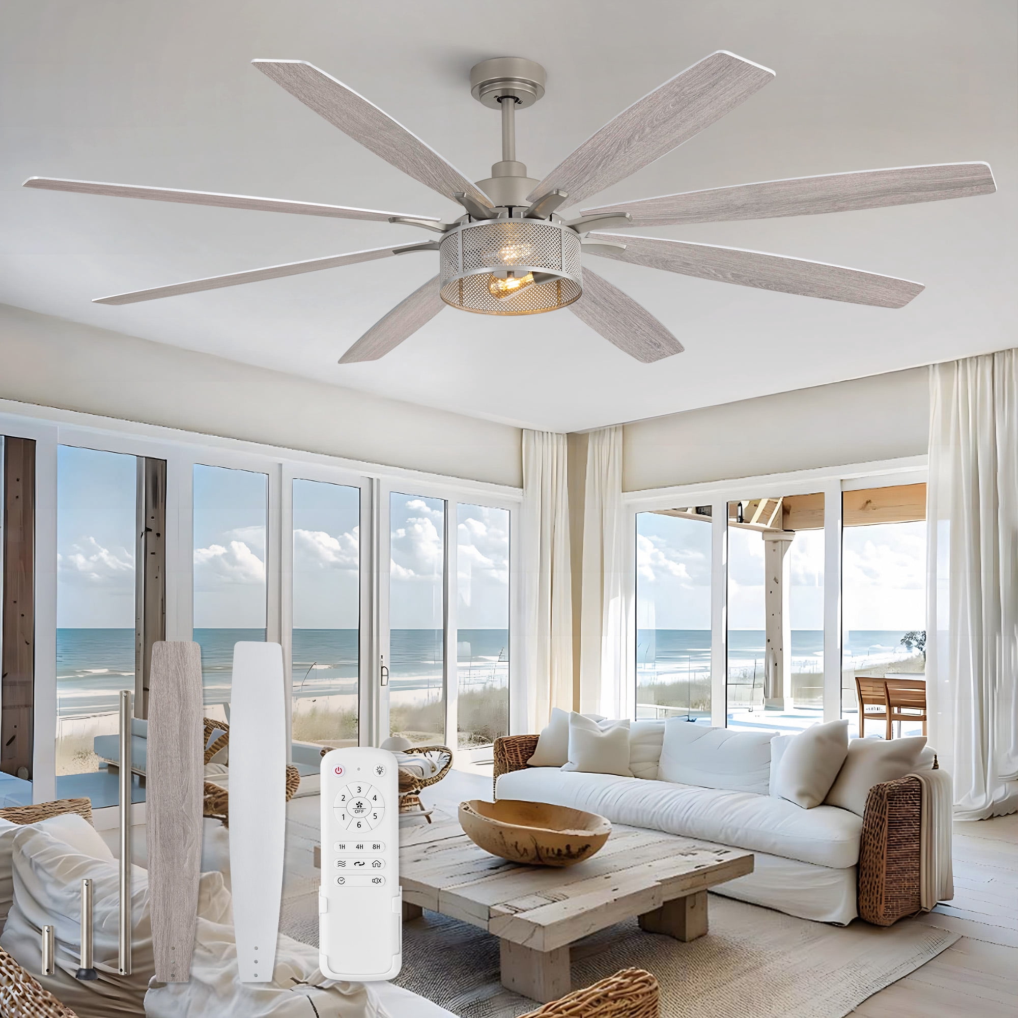 Zardon 72 Inch Farmhouse Ceiling Fan with Light and Remote Control, Quiet 6-Speed Reversible DC Motor, 8 Dual-Finish Blades for Indoor, Nickel