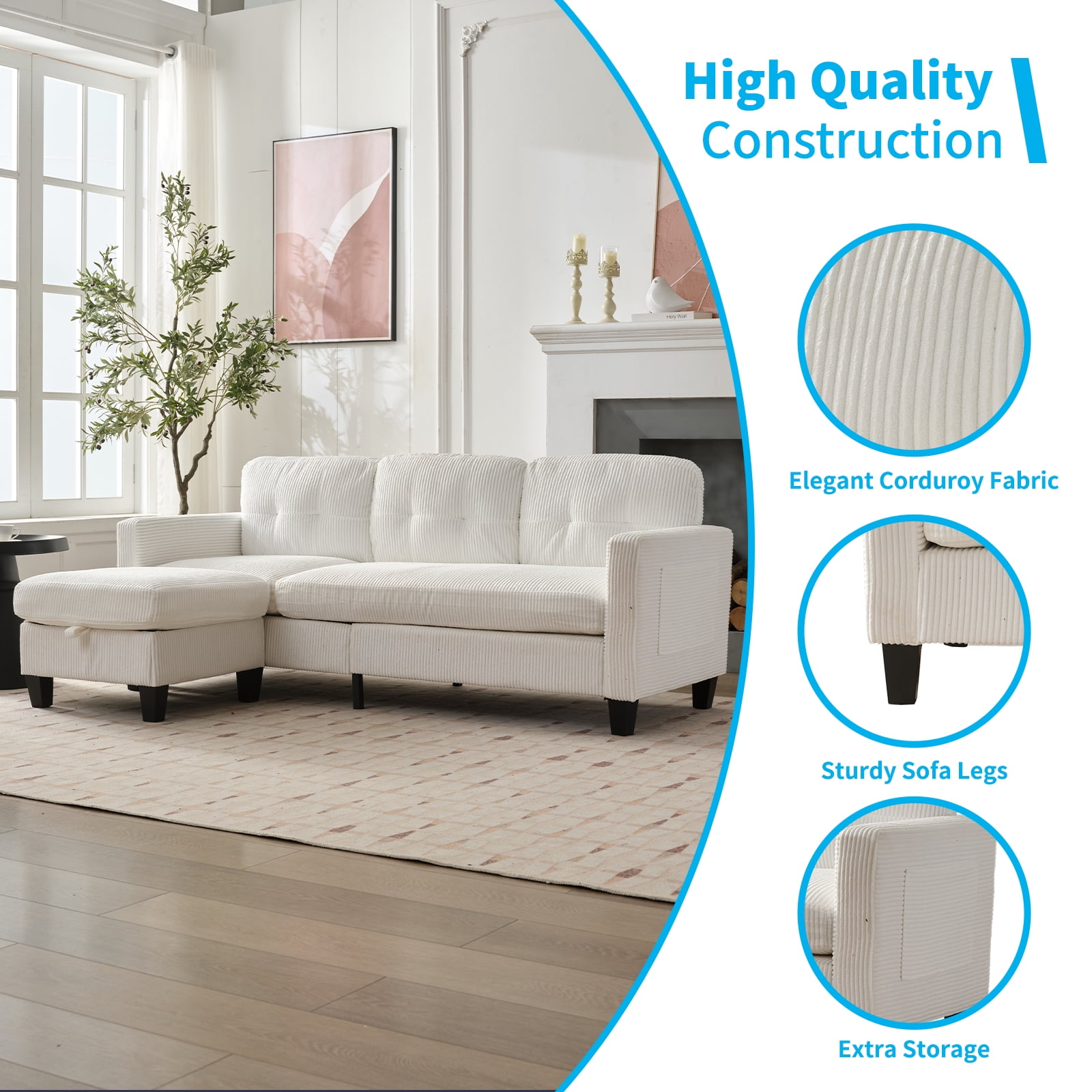 BALUS Sectional Sofa with Storage Ottomans, Small L-Shaped Sofa and Corduroy Couch for Living Room, Beige