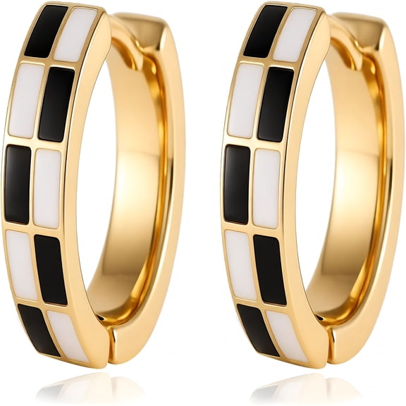 DESIGNICE Chic Checker Small Hoop Earrings, Hypoallergenic Enamel Cartilage Jewelry, Gold & Silver Tone Gifts for Women
